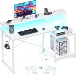 Computer Desk, 48 Inch Gaming Desk with Led Lights & Power Outlet,