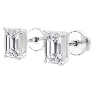 AGI Certified Lab Grown Emerald Cut Diamond Stud Earrings In 14K White