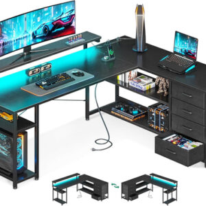 61 Inch L Shaped Desk With Power Outlets For Home Office