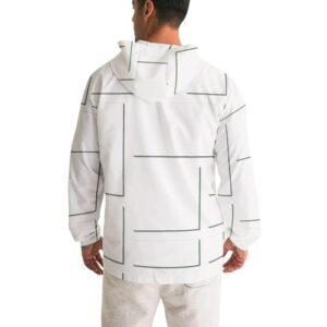 Mens Hooded Windbreaker - White Grid Pattern Water Resistant Jacket